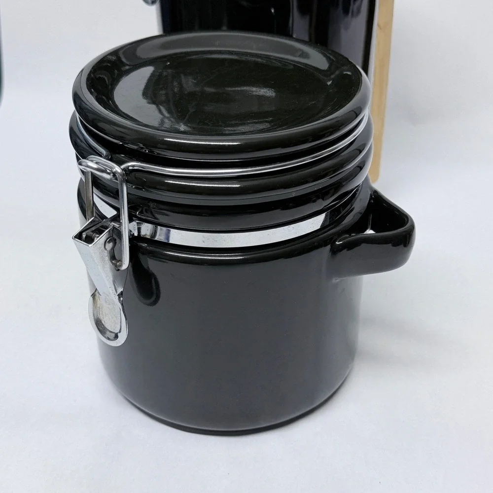 Black Ceramic Canister Set 4 Piece Airtight Locking Lids with Wooden Spoons
